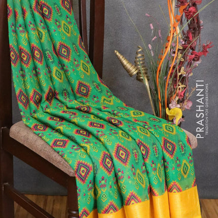 Semi chiffon saree green and yellow with allover prints and zari woven border - LBZ0993 - {{ collection.title }} by Prashanti Sarees