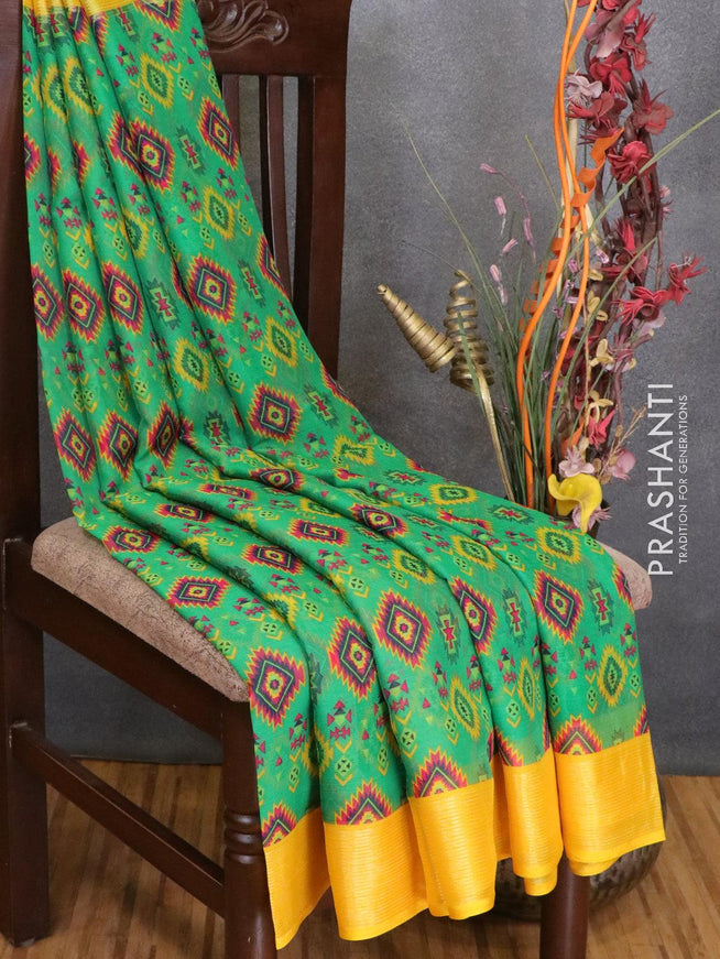 Semi chiffon saree green and yellow with allover prints and zari woven border - LBZ0993 - {{ collection.title }} by Prashanti Sarees