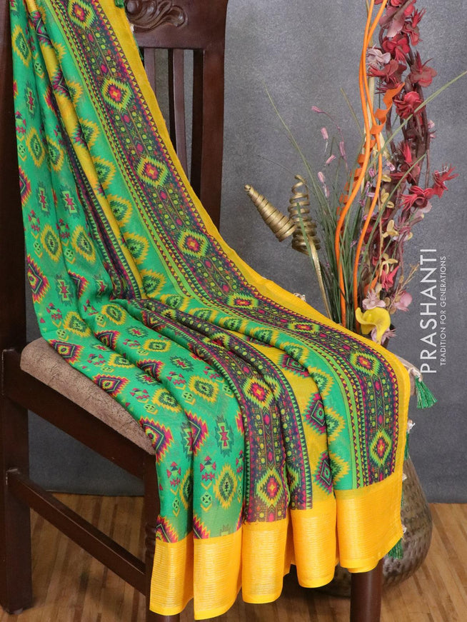 Semi chiffon saree green and yellow with allover prints and zari woven border - LBZ0993 - {{ collection.title }} by Prashanti Sarees