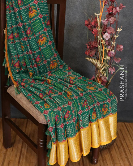 Semi chiffon saree green and yellow with allover prints and zari woven border - LBZ1003 - {{ collection.title }} by Prashanti Sarees