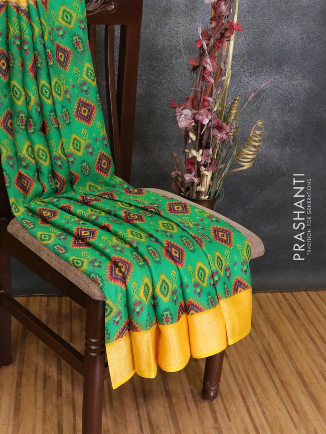 Semi chiffon saree green and yellow with allover prints and zari woven border - {{ collection.title }} by Prashanti Sarees