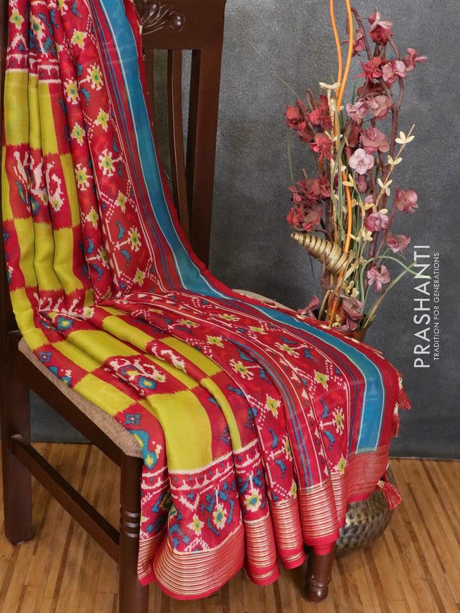 Semi chiffon saree light green and maroon with allover prints and zari woven border - LBZ0952 - {{ collection.title }} by Prashanti Sarees