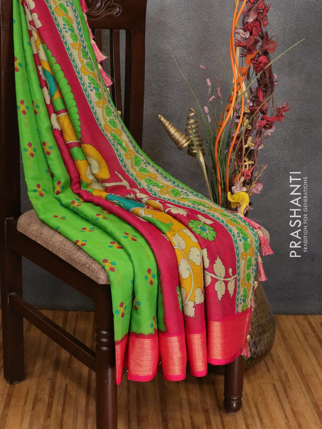 Semi chiffon saree light green and pink with allover butta prints and zari woven border - LBZ0978 - {{ collection.title }} by Prashanti Sarees