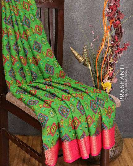 Semi chiffon saree light green and pink with allover prints and zari woven border - LBZ0971 - {{ collection.title }} by Prashanti Sarees
