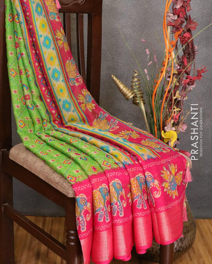 Semi chiffon saree light green and pink with allover prints and zari woven border - LBZ0974 - {{ collection.title }} by Prashanti Sarees