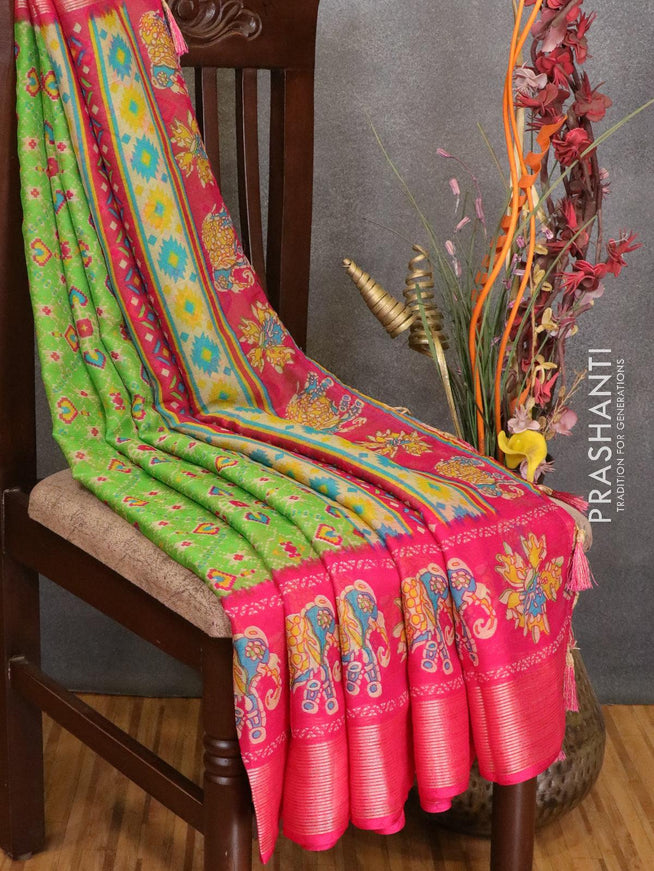 Semi chiffon saree light green and pink with allover prints and zari woven border - LBZ0974 - {{ collection.title }} by Prashanti Sarees