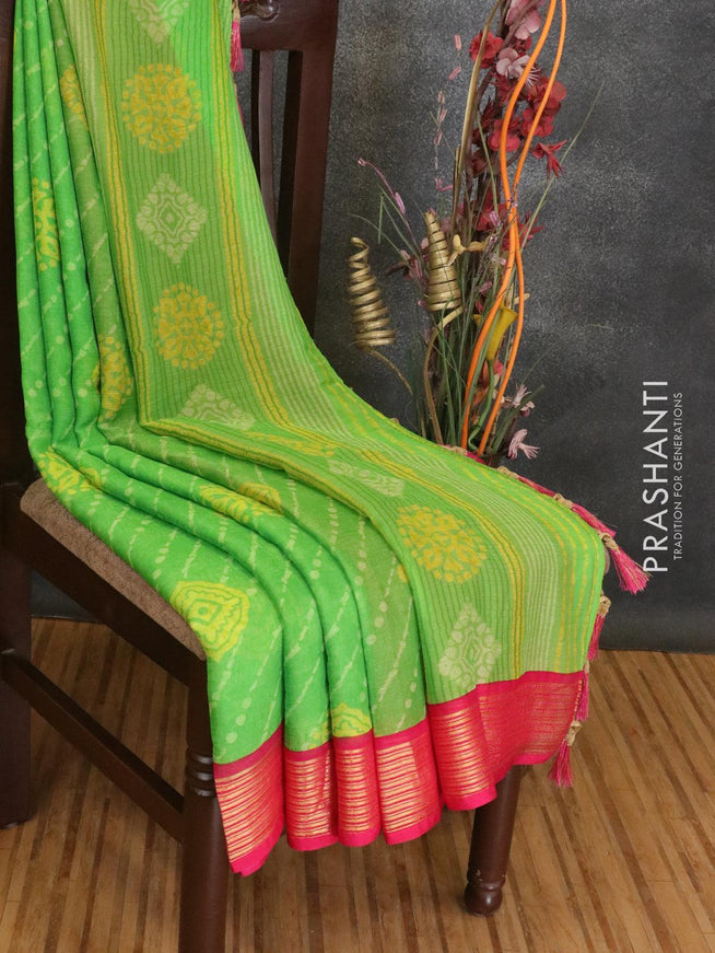 Semi chiffon saree light green and pink with allover prints and zari woven border - {{ collection.title }} by Prashanti Sarees