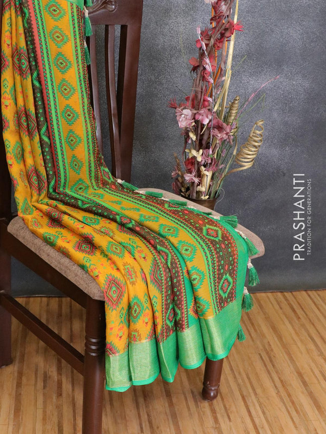 Semi chiffon saree mustard yellow and green with allover prints and zari woven border - {{ collection.title }} by Prashanti Sarees
