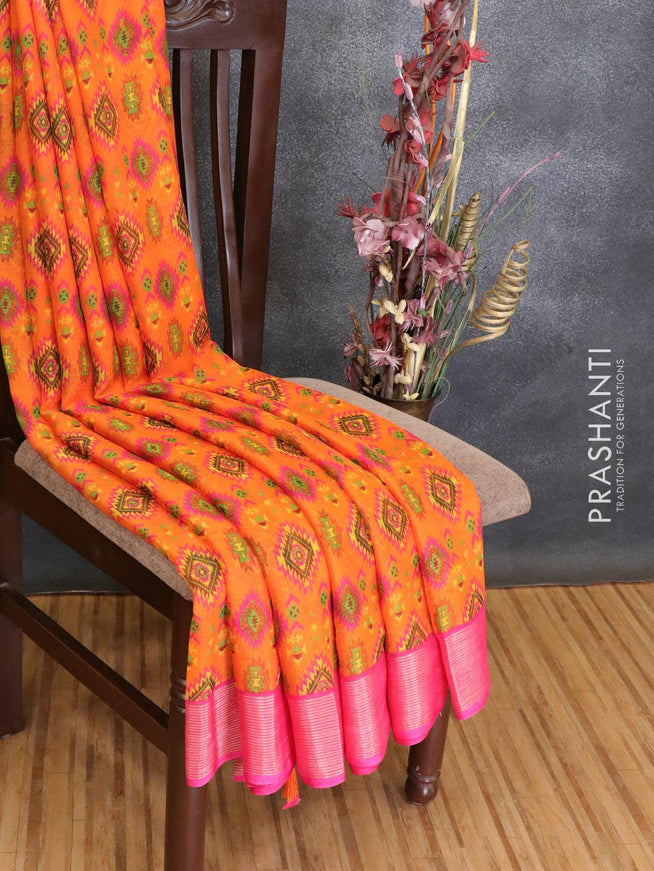 Semi chiffon saree orange and pink with allover prints and zari woven border - {{ collection.title }} by Prashanti Sarees