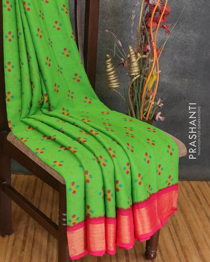 Semi chiffon saree parrot green and pink with allover butta prints and zari woven border - {{ collection.title }} by Prashanti Sarees