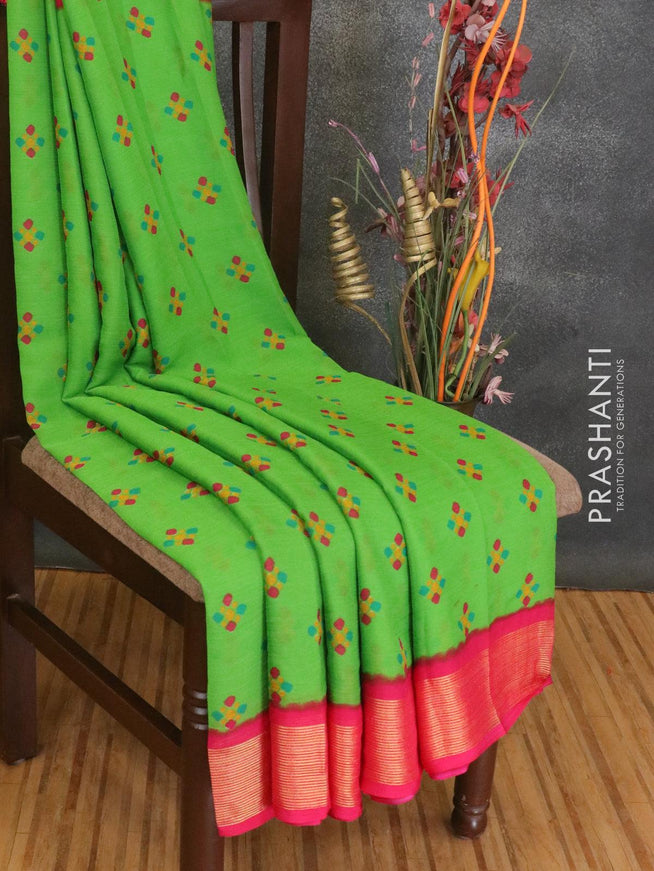 Semi chiffon saree parrot green and pink with allover butta prints and zari woven border - {{ collection.title }} by Prashanti Sarees