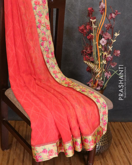 Semi chiffon saree peach red with allover prints and satin border - {{ collection.title }} by Prashanti Sarees