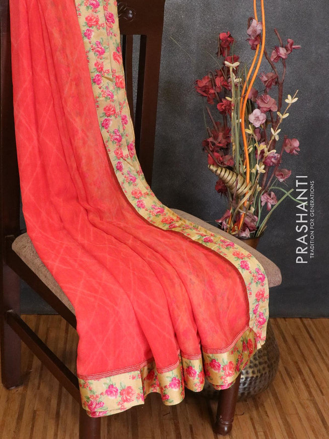 Semi chiffon saree peach red with allover prints and satin border - {{ collection.title }} by Prashanti Sarees
