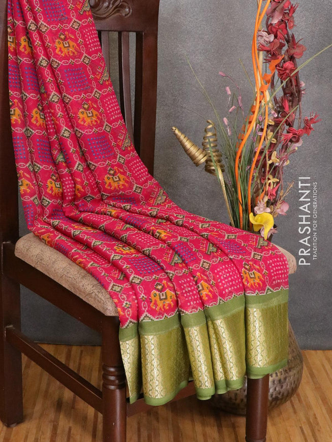 Semi chiffon saree pink and green with allover prints and zari woven border - LBZ0980 - {{ collection.title }} by Prashanti Sarees