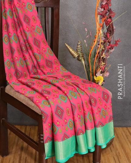 Semi chiffon saree pink and green with allover prints and zari woven border - LBZ1000 - {{ collection.title }} by Prashanti Sarees
