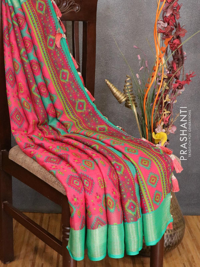 Semi chiffon saree pink and green with allover prints and zari woven border - LBZ1000 - {{ collection.title }} by Prashanti Sarees
