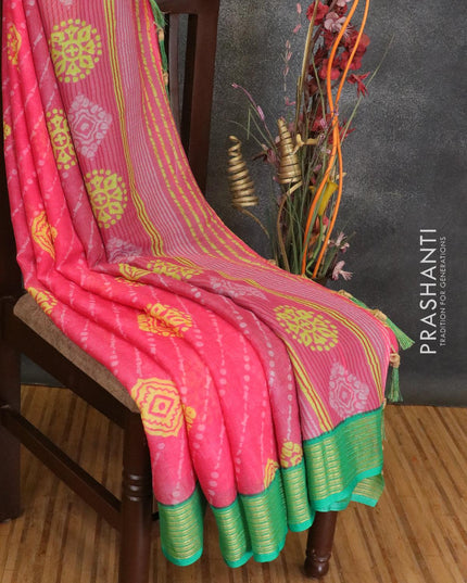 Semi chiffon saree pink and green with allover prints and zari woven border - {{ collection.title }} by Prashanti Sarees