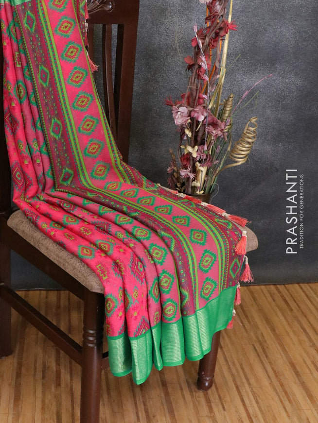 Semi chiffon saree pink and green with allover prints and zari woven border - {{ collection.title }} by Prashanti Sarees