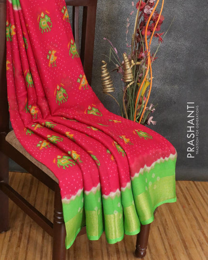 Semi chiffon saree pink and light green with allover ikat butta prints and zari woven border - {{ collection.title }} by Prashanti Sarees