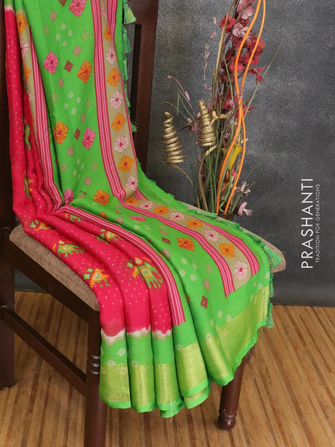 Semi chiffon saree pink and light green with allover ikat butta prints and zari woven border - {{ collection.title }} by Prashanti Sarees