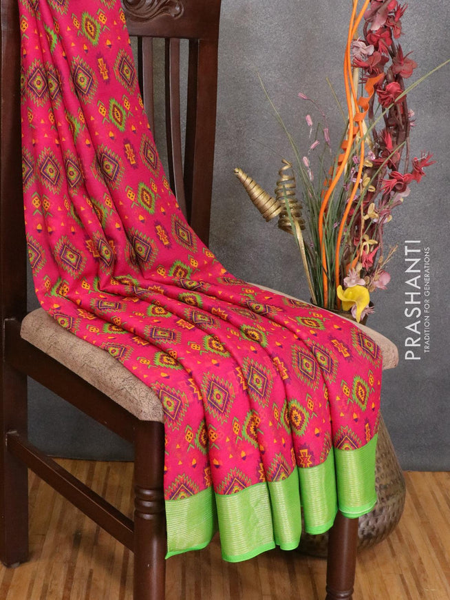 Semi chiffon saree pink and light green with allover prints and zari woven border - LBZ0970 - {{ collection.title }} by Prashanti Sarees