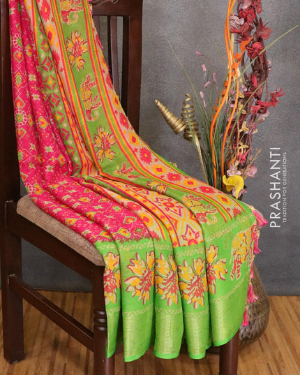 Semi chiffon saree pink and light green with allover prints and zari woven border - {{ collection.title }} by Prashanti Sarees