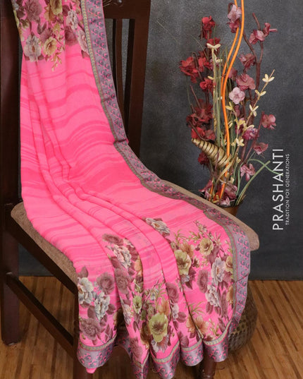Semi chiffon saree pink with allover floral prints and satin border - {{ collection.title }} by Prashanti Sarees
