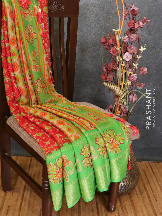 Semi chiffon saree red and green with allover prints and zari woven border - LBZ0995 - {{ collection.title }} by Prashanti Sarees