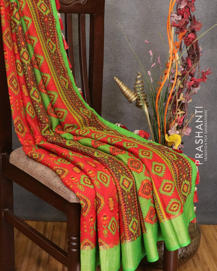 Semi chiffon saree red and green with allover prints and zari woven border - LBZ0999 - {{ collection.title }} by Prashanti Sarees