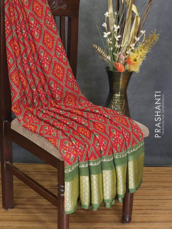 Semi chiffon saree red and green with allover prints and zari woven border - {{ collection.title }} by Prashanti Sarees
