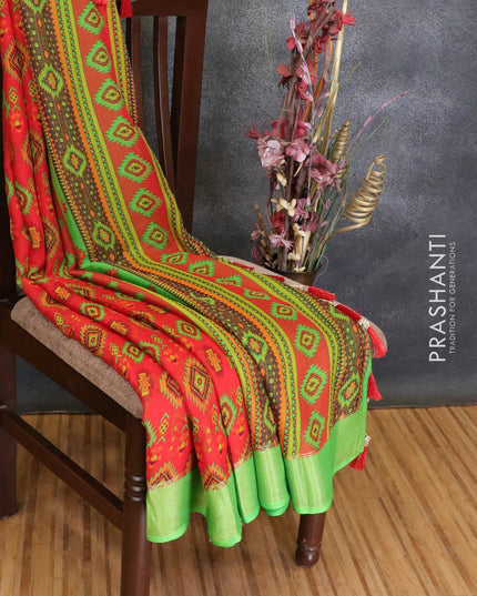 Semi chiffon saree red and light green with allover prints and zari woven border - {{ collection.title }} by Prashanti Sarees