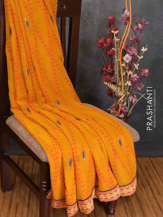 Semi chiffon saree yellow with allover prints and woven border - {{ collection.title }} by Prashanti Sarees
