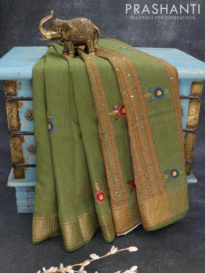 Semi cotton saree green shade with embroidery work - {{ collection.title }} by Prashanti Sarees