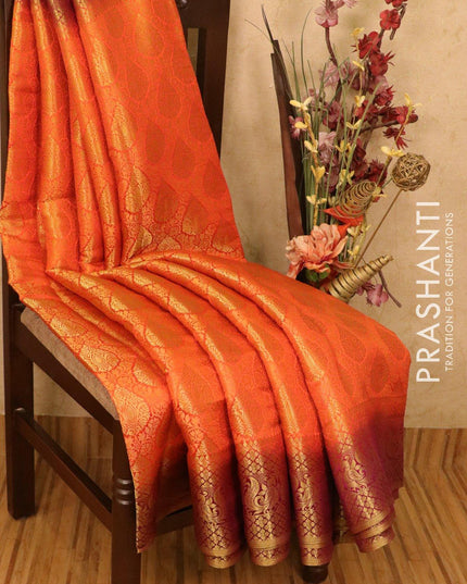 Semi crepe saree orange and deep purple with allover zari weaves and zari woven border - {{ collection.title }} by Prashanti Sarees