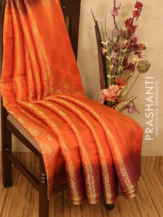 Semi crepe saree orange and deep purple with allover zari weaves and zari woven border - {{ collection.title }} by Prashanti Sarees