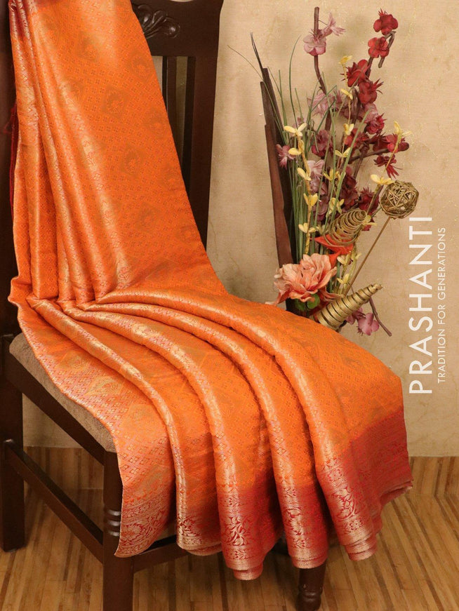 Semi crepe saree orange and red with allover zari weaves and zari woven border - {{ collection.title }} by Prashanti Sarees