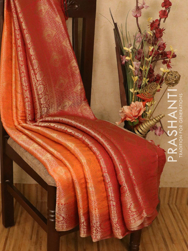 Semi crepe saree orange and red with allover zari weaves and zari woven border - {{ collection.title }} by Prashanti Sarees