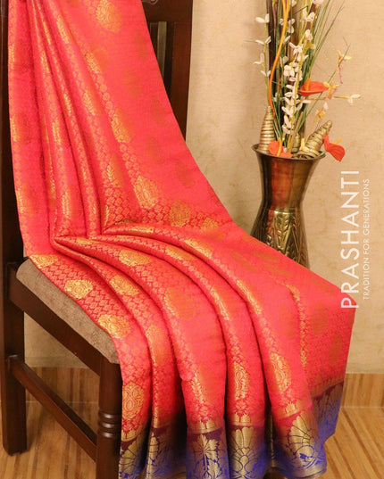 Semi crepe saree pink and blue with allover brocade zari weaves and zari woven border - {{ collection.title }} by Prashanti Sarees