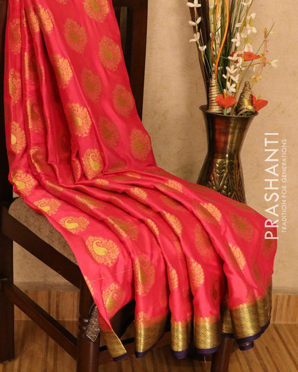 Semi crepe saree pink and dark blue with zari woven buttas and zari woven border - {{ collection.title }} by Prashanti Sarees