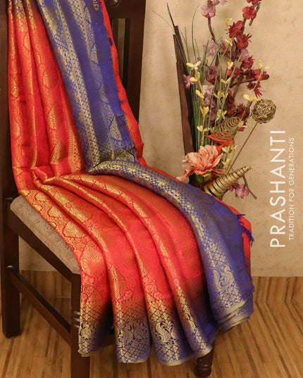 Semi crepe saree red and blue with allover zari weaves and zari woven border - OPX0581 - {{ collection.title }} by Prashanti Sarees