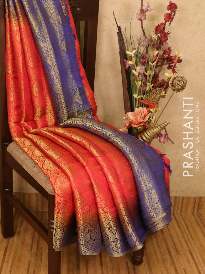 Semi crepe saree red and blue with allover zari weaves and zari woven border - OPX0581 - {{ collection.title }} by Prashanti Sarees