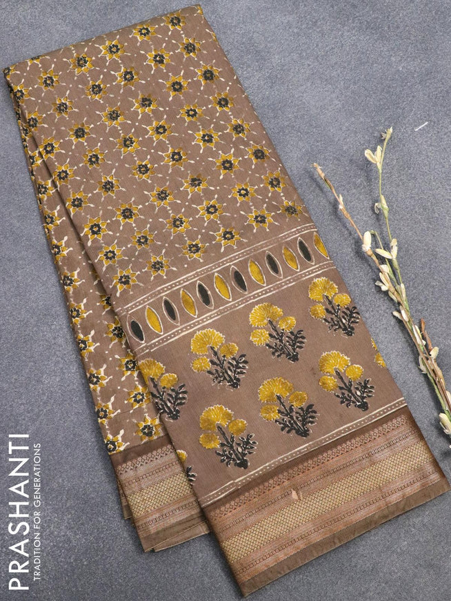 Semi gadwal saree brown shade with allover ajrakh prints and woven border - {{ collection.title }} by Prashanti Sarees