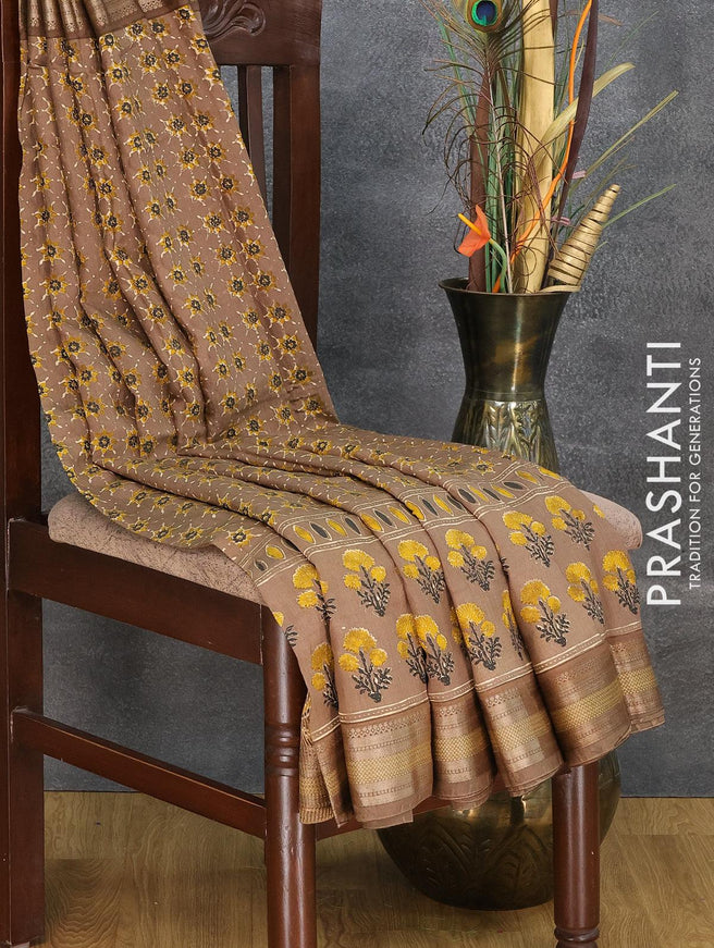 Semi gadwal saree brown shade with allover ajrakh prints and woven border - {{ collection.title }} by Prashanti Sarees