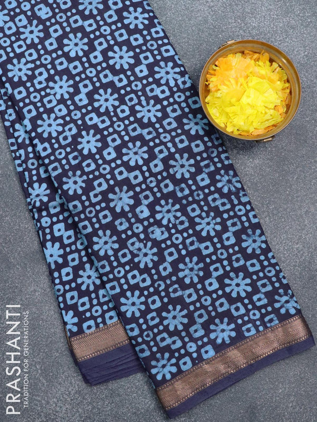 Semi gadwal saree dark blue with allover batik prints and zari woven border - {{ collection.title }} by Prashanti Sarees