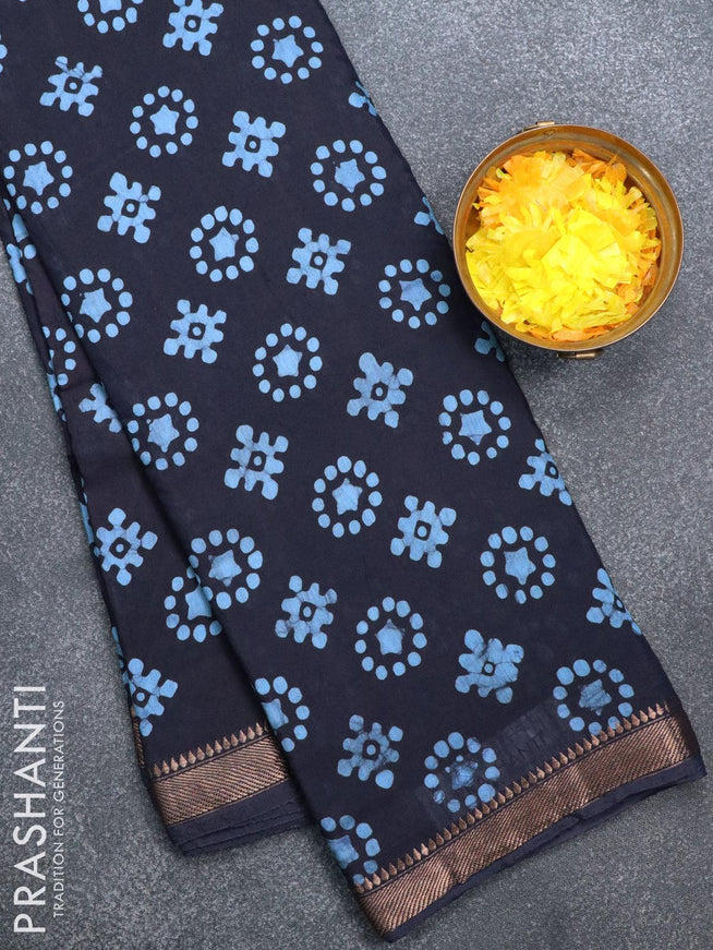 Semi gadwal saree dark blue with batik butta prints and zari woven border - {{ collection.title }} by Prashanti Sarees