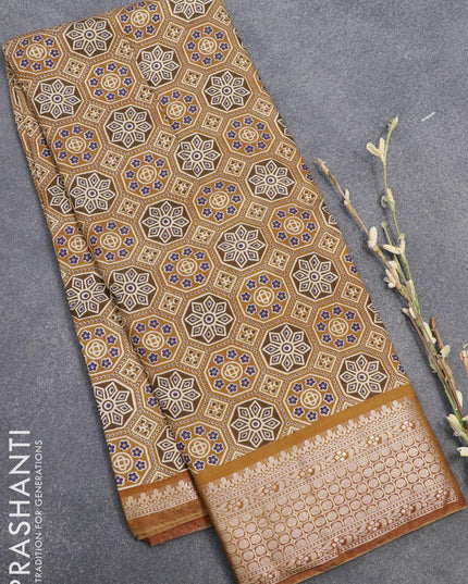 Semi gadwal saree dark mustard with allover ajrakh prints and zari woven border - {{ collection.title }} by Prashanti Sarees