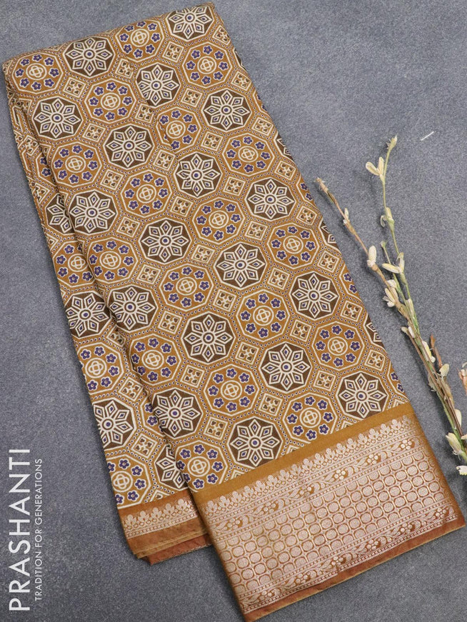 Semi gadwal saree dark mustard with allover ajrakh prints and zari woven border - {{ collection.title }} by Prashanti Sarees