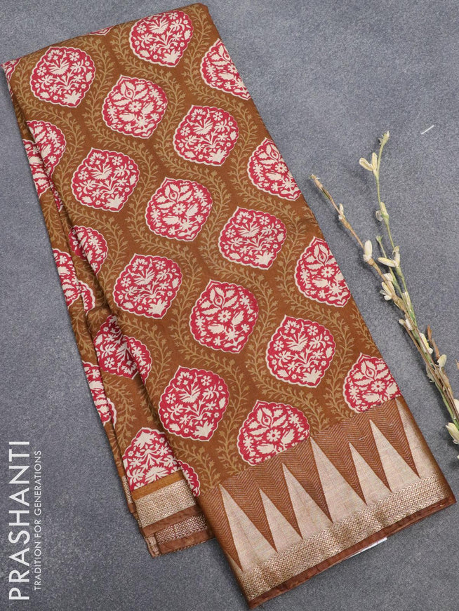 Semi gadwal saree dark mustard with allover butta prints and temple design zari woven border - {{ collection.title }} by Prashanti Sarees
