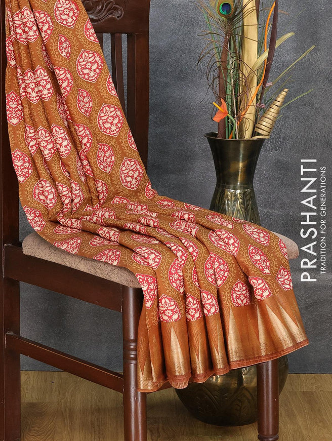 Semi gadwal saree dark mustard with allover butta prints and temple design zari woven border - {{ collection.title }} by Prashanti Sarees