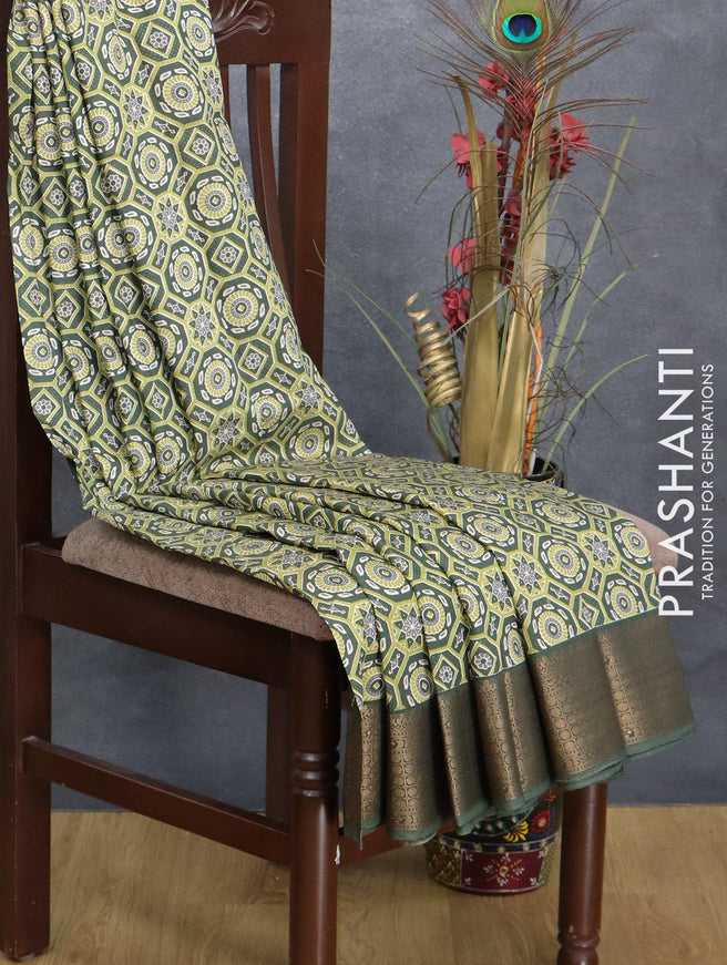 Semi gadwal saree green shade with allover ajrakh prints and woven border - {{ collection.title }} by Prashanti Sarees